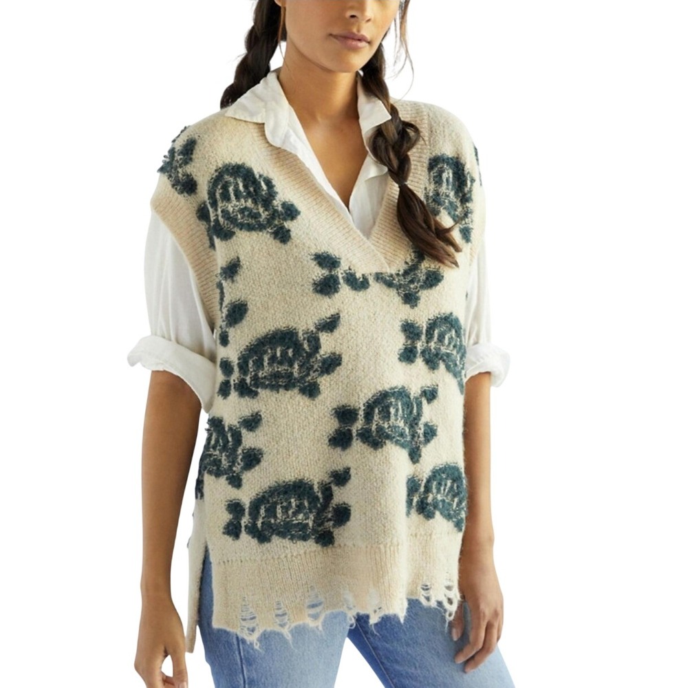 Anthropologie Distressed Floral Sweater Vest M Beige Green V-Neck Boho Soft 90s